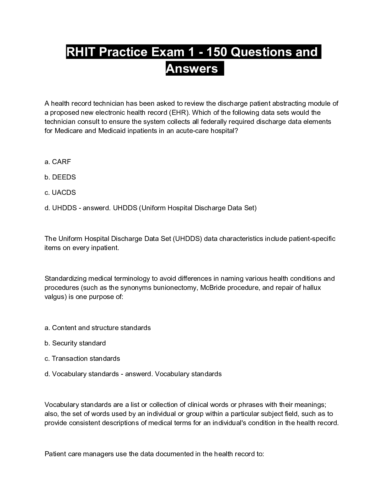 Preview of RHIT Practice Exam 1 - 150 Questions and Answers